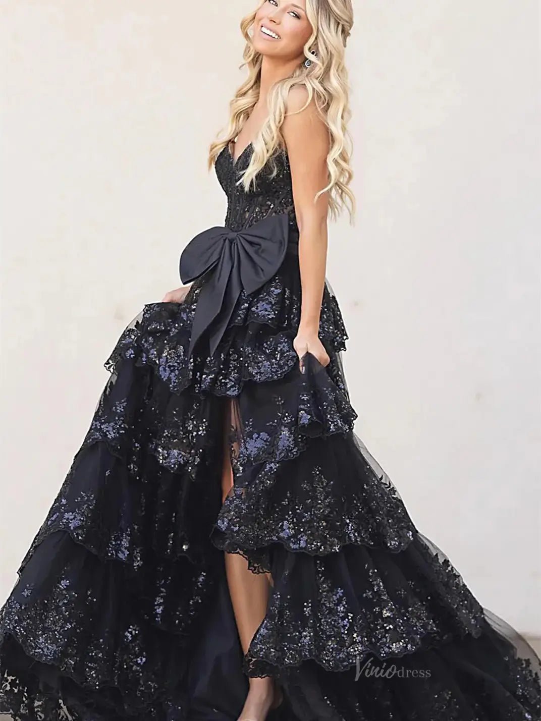 Strapless Lace Tiered Prom Dresses with Slit Sweetheart Neck Bow Tie Formal Dresses - FD3636f-prom dresses 2025 -Viniodress-Black-Custom Size-