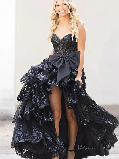 Strapless Lace Tiered Prom Dresses with Slit Sweetheart Neck Bow Tie Formal Dresses - FD3636f-prom dresses 2025 -Viniodress-Black-Custom Size-