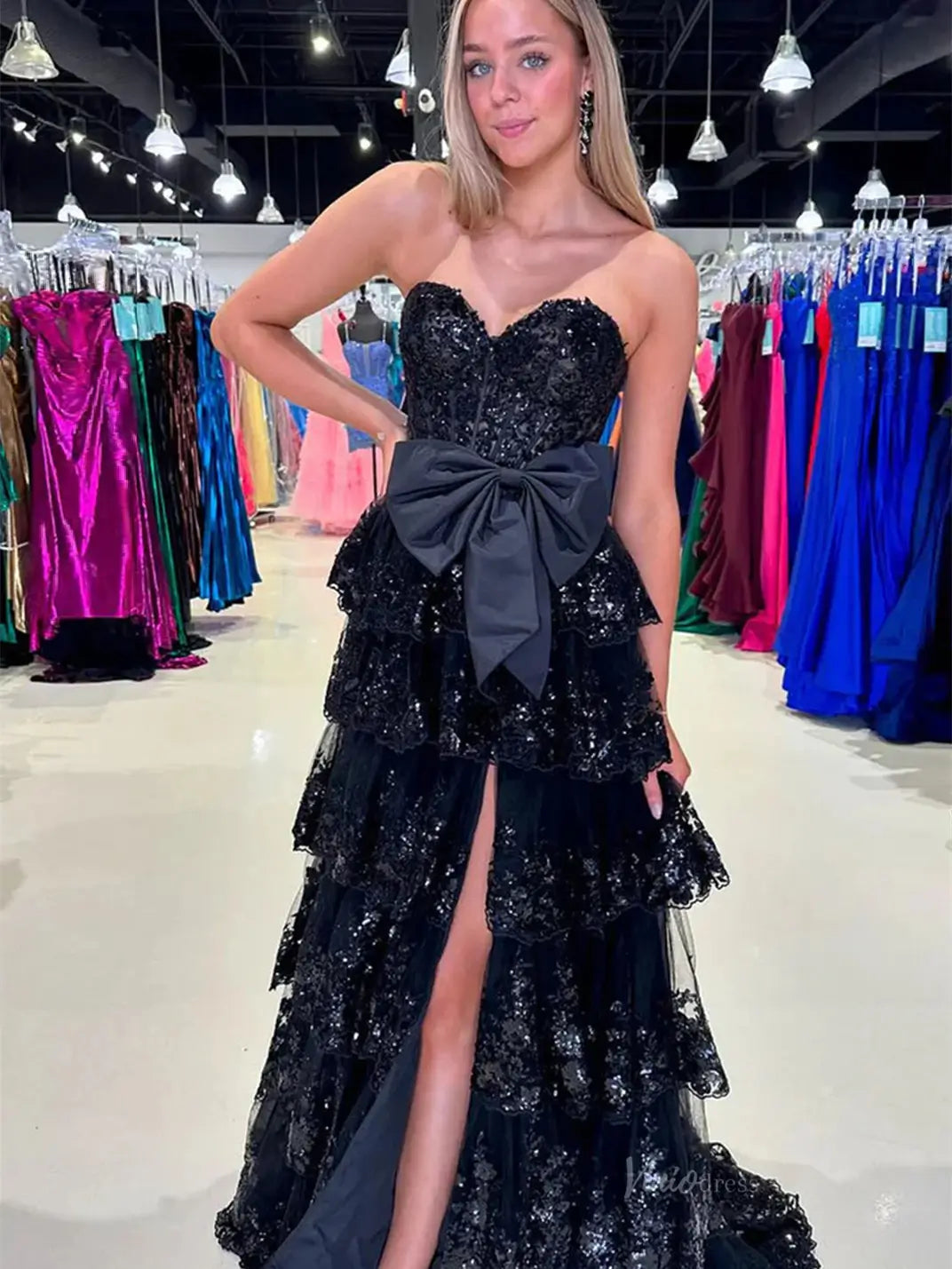 prom dresses 2025 Strapless Lace Tiered Prom Dresses with Slit Sweetheart Neck Bow Tie Formal Dresses - FD3636f-plus size wedding dresses Viniodress-Black-Custom Size-