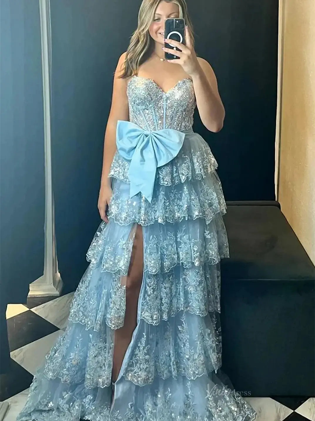 prom dresses 2025 Strapless Lace Tiered Prom Dresses with Slit Sweetheart Neck Bow Tie Formal Dresses - FD3636f-plus size wedding dresses Viniodress-Light Blue-Custom Size-