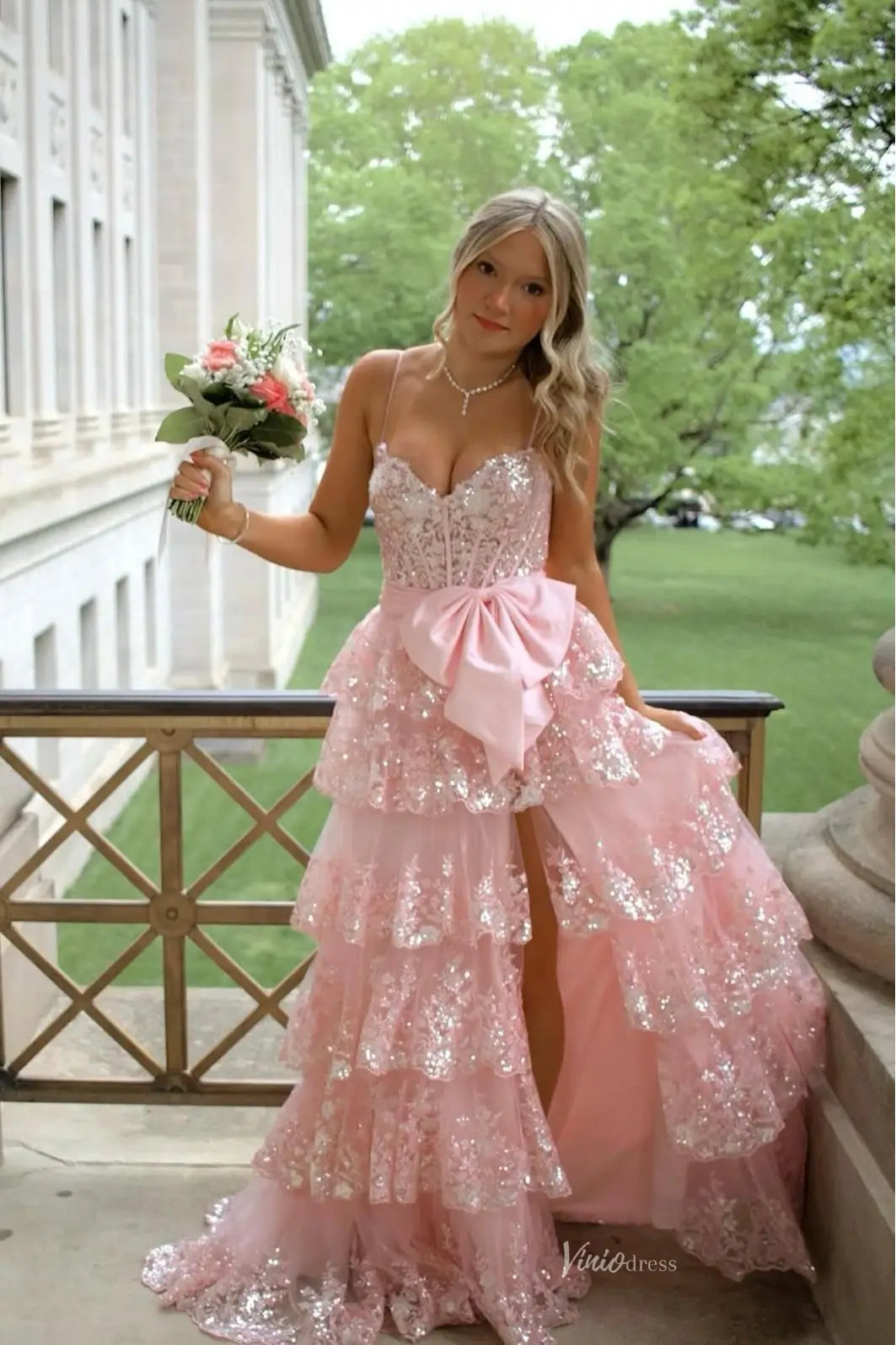 Strapless Lace Tiered Prom Dresses with Slit Sweetheart Neck Bow Tie Formal Dresses - RF029-prom dresses 2026-Viniodress-Pink-Custom Size-