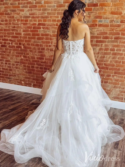 Strapless Lace Wedding Dress with Sweetheart Neck, Ruffle Skirt, High Slit – LA117-wedding dresses 2025 -Viniodress-Ivory-Custom Size-