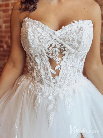 Strapless Lace Wedding Dress with Sweetheart Neck, Ruffle Skirt, High Slit – LA117-wedding dresses 2025 -Viniodress-Ivory-Custom Size-