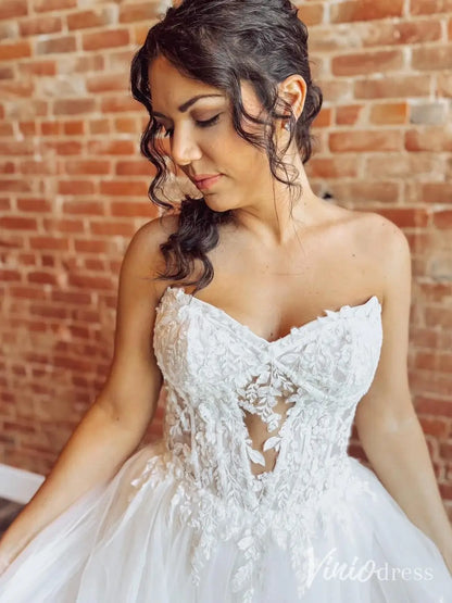 Strapless Lace Wedding Dress with Sweetheart Neck, Ruffle Skirt, High Slit – LA117-wedding dresses 2025 -Viniodress-Ivory-Custom Size-