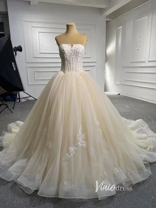 Strapless Lace Wedding Gowns Beach Wedding Dresses 66251-wedding dresses 2025 -Viniodress-Champagne-Custom Size-