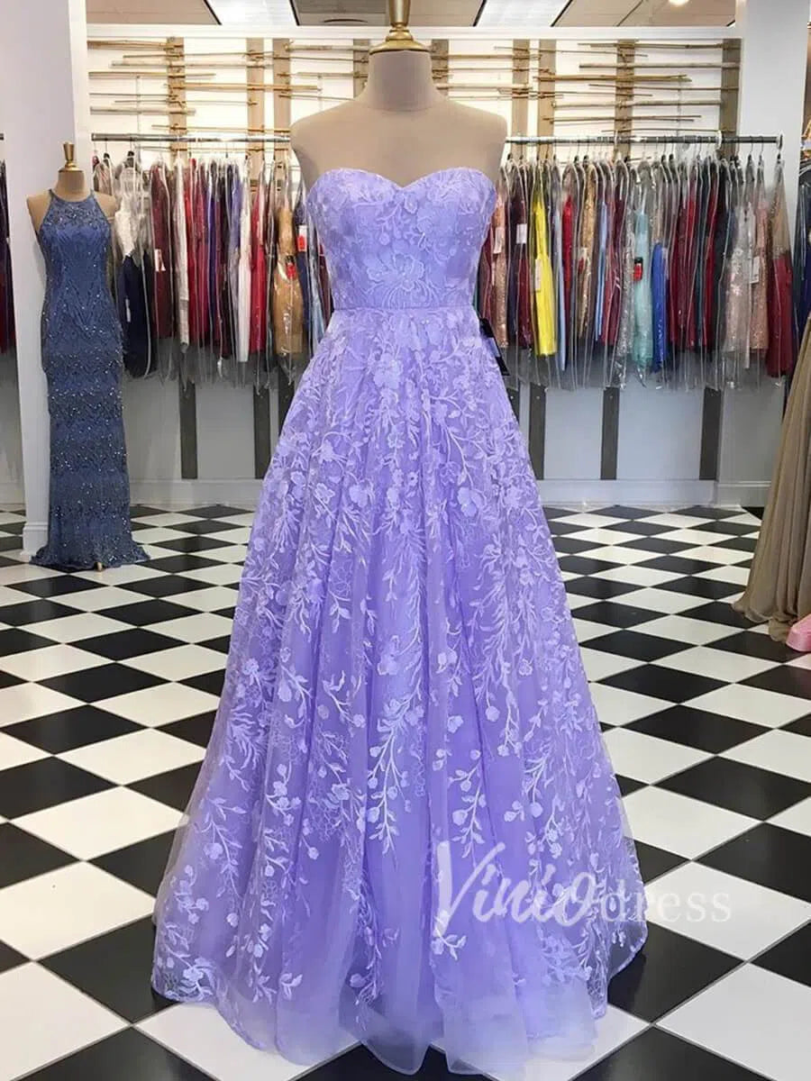 Prom Dress 2025 Strapless Lavender Lace Prom Dresses Long FD1509-unique prom dresses-Lavender-Custom Size-Viniodress