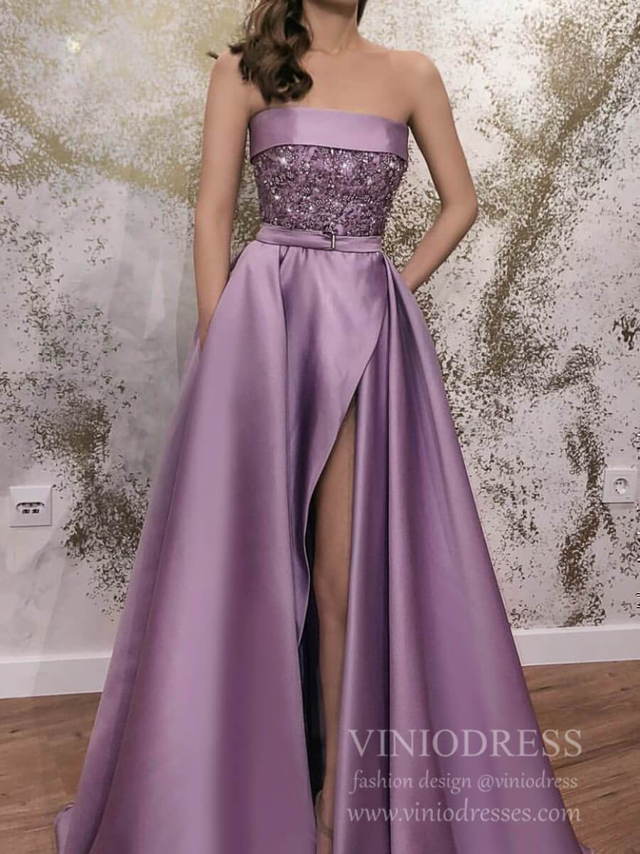 Prom Dress 2025 Strapless Lavender Purple Satin Prom Dresses with Pockets FD1807-unique prom dresses-As Picture-Custom Size-Viniodress