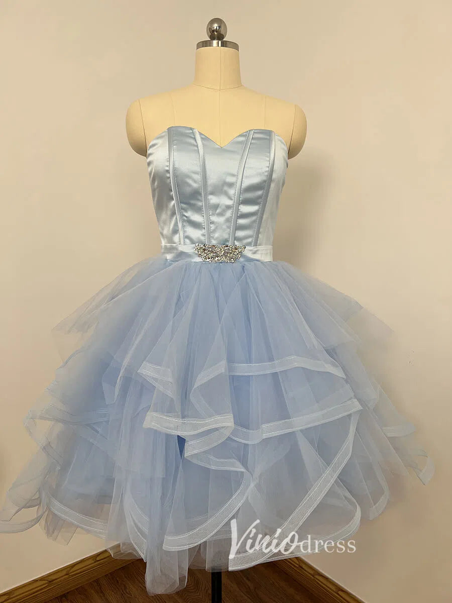 Short Prom Dresses 2025 Strapless Layered Pink Homecoming Dresses with Belt SD1160-homecoming dresses-Viniodress-Light Blue-Custom Size-Viniodress