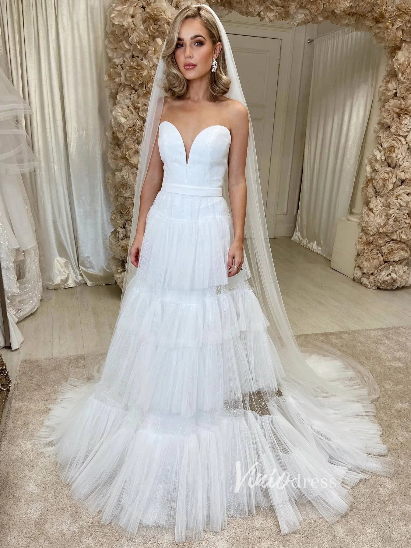 Strapless Layered Wedding Dress Plunging V-neck VW2065-wedding dresses-Viniodress-Ivory-Custom Size-Viniodress