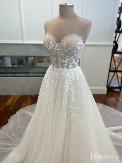 Strapless Leaf Embroidered A-Line Tulle Wedding Dress with Detachable Sleeves and Slit – VW2540-wedding dresses 2025 -Viniodress-Ivory-Custom Size-
