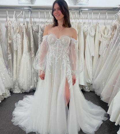 Strapless Leaf Embroidered A-Line Tulle Wedding Dress with Detachable Sleeves and Slit – VW2540-wedding dresses 2025 -Viniodress-Ivory-Custom Size-