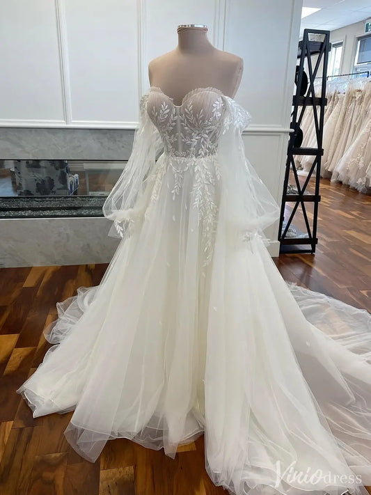 Strapless Leaf Embroidered A-Line Tulle Wedding Dress with Detachable Sleeves and Slit – VW2540-wedding dresses 2025 -Viniodress-Ivory-Custom Size-