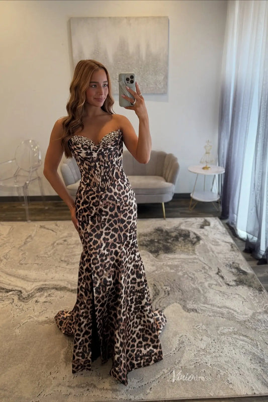 Strapless Leopard Print Mermaid Prom Dress with Crystal Embellished Sweetheart Corset Bodice SS331-Prom Dresses 2026-Viniodress-Brown-Custom Size-