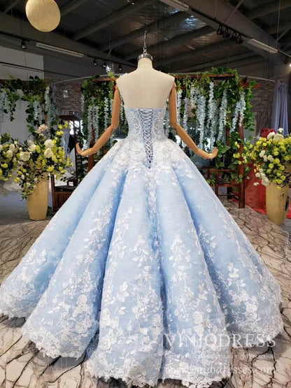 Strapless Light Blue Floral Quinceanera Dresses Beaded Lace Sweet 15 Dress FD1945 viniodress-prom dresses 2025 -Viniodress-Light Blue-Custom Size-