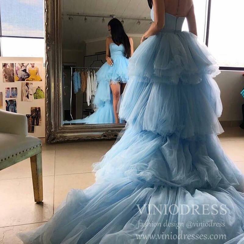 Prom Dress 2025 Strapless Light Blue High Low Layered Tulle Prom Dresses Long FD1772-unique prom dresses-Light Blue-Custom Size-Viniodress