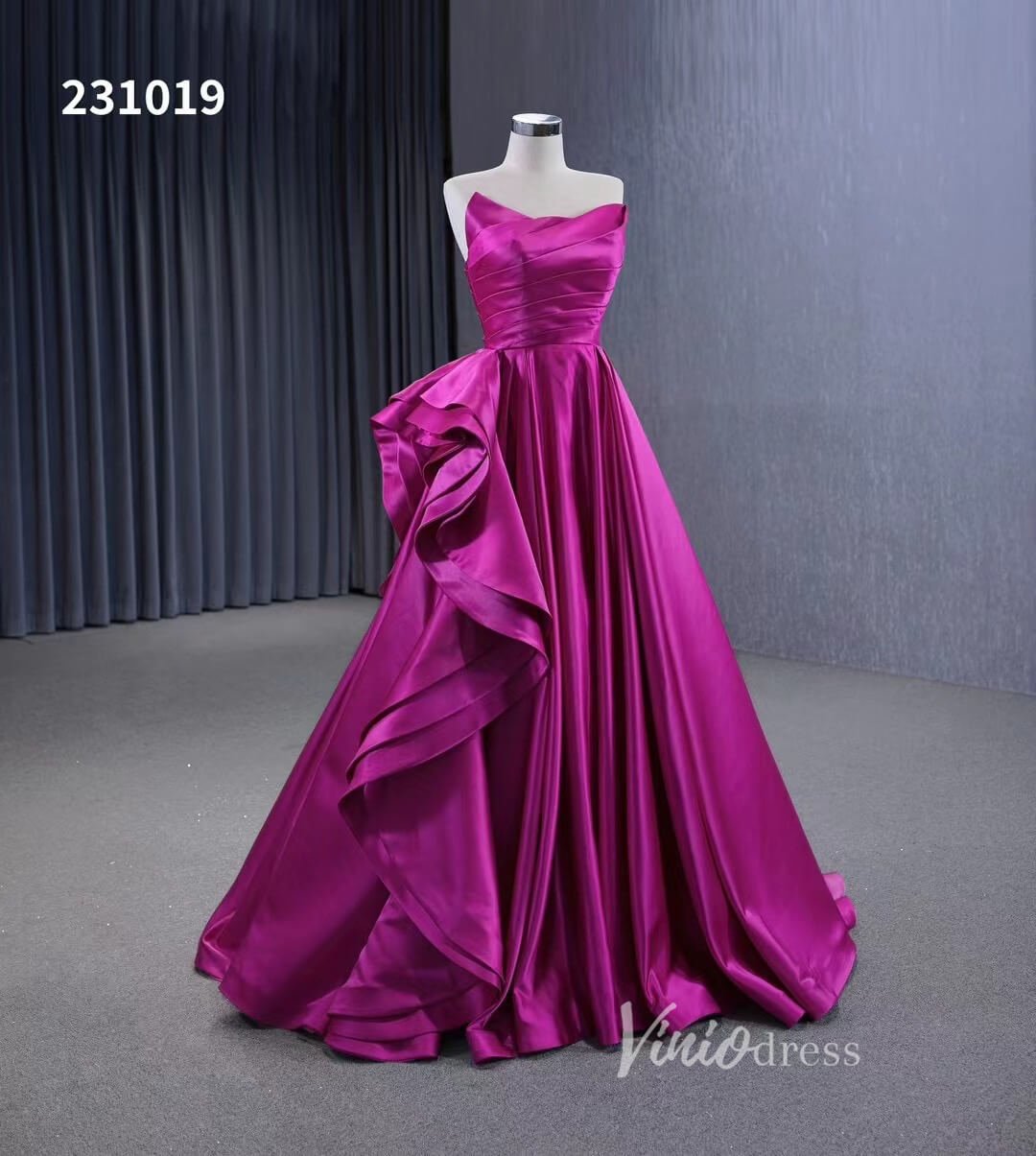 Strapless Magenta Satin Formal Dresses Ruffle Ball Gown Corset Back 231019-prom dresses 2025 -Viniodress-Magenta-Custom Size-