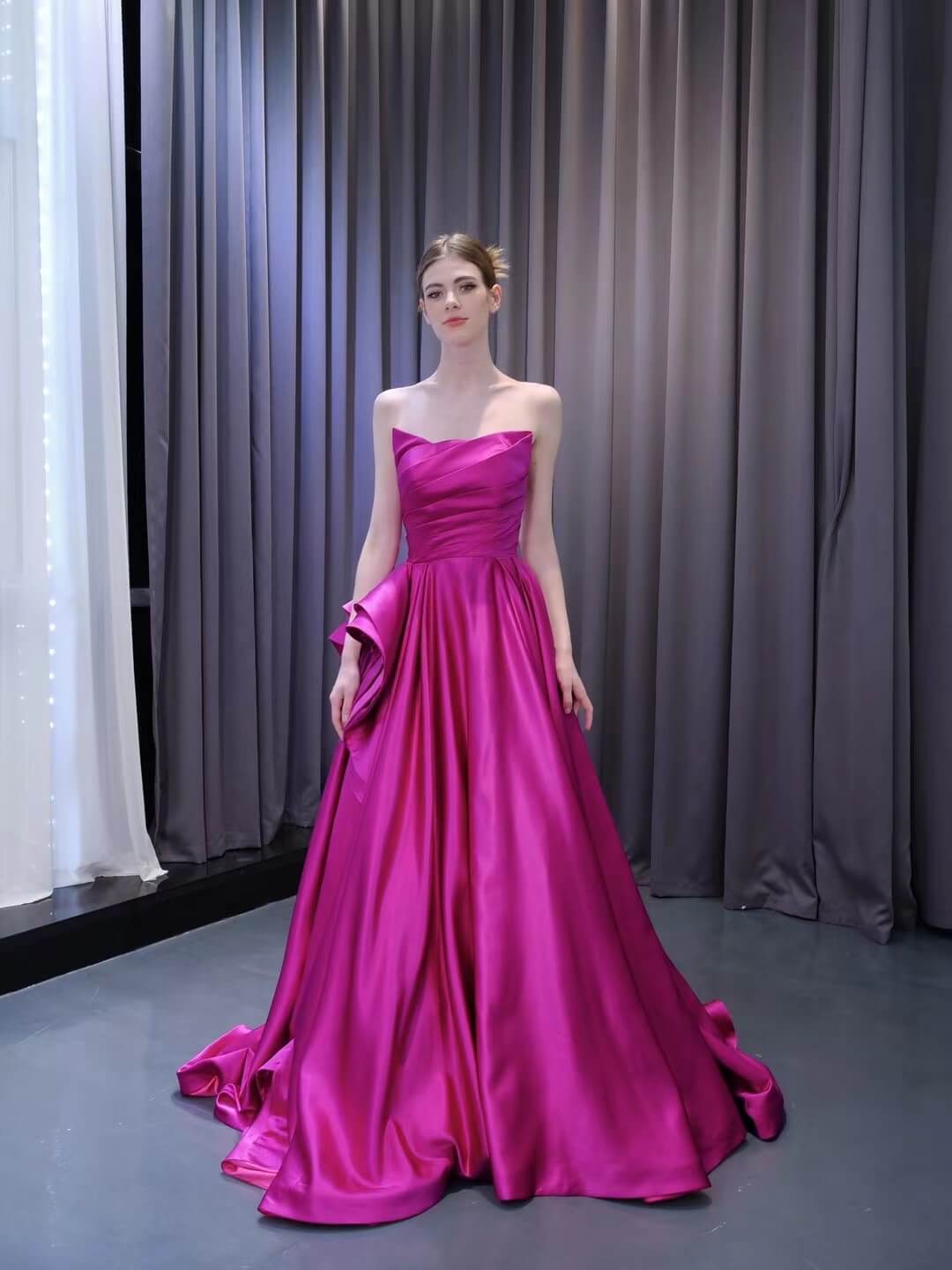 Strapless Magenta Satin Formal Dresses Ruffle Ball Gown Corset Back 231019-prom dresses 2025 -Viniodress-Magenta-Custom Size-
