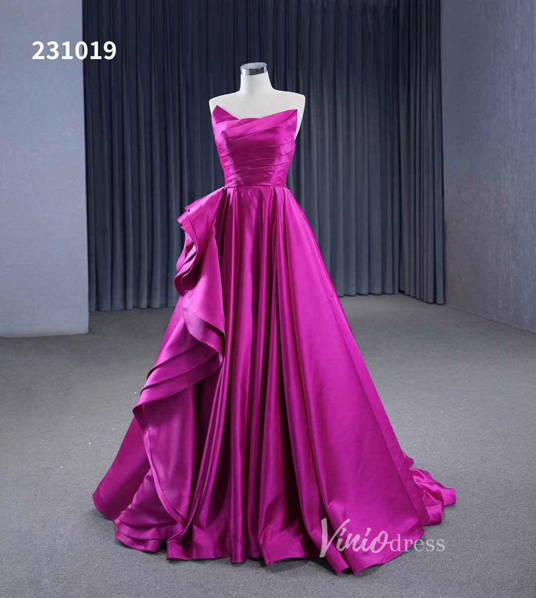 Strapless Magenta Satin Formal Dresses Ruffle Ball Gown Corset Back 23 – Viniodress Strapless Magenta Satin Formal Dresses Ruffle Ball Gown Corset Back 23 – Viniodress