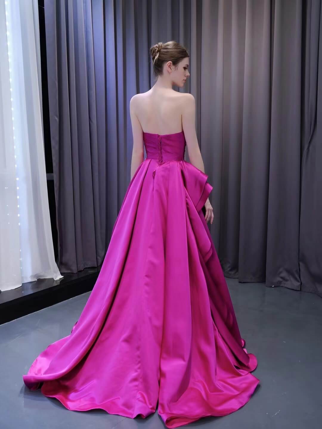 Strapless Magenta Satin Formal Dresses Ruffle Ball Gown Corset Back 231019 - Viniodressprom dressesMagentaCustom Size - Formal Dresses - Ball Gowns