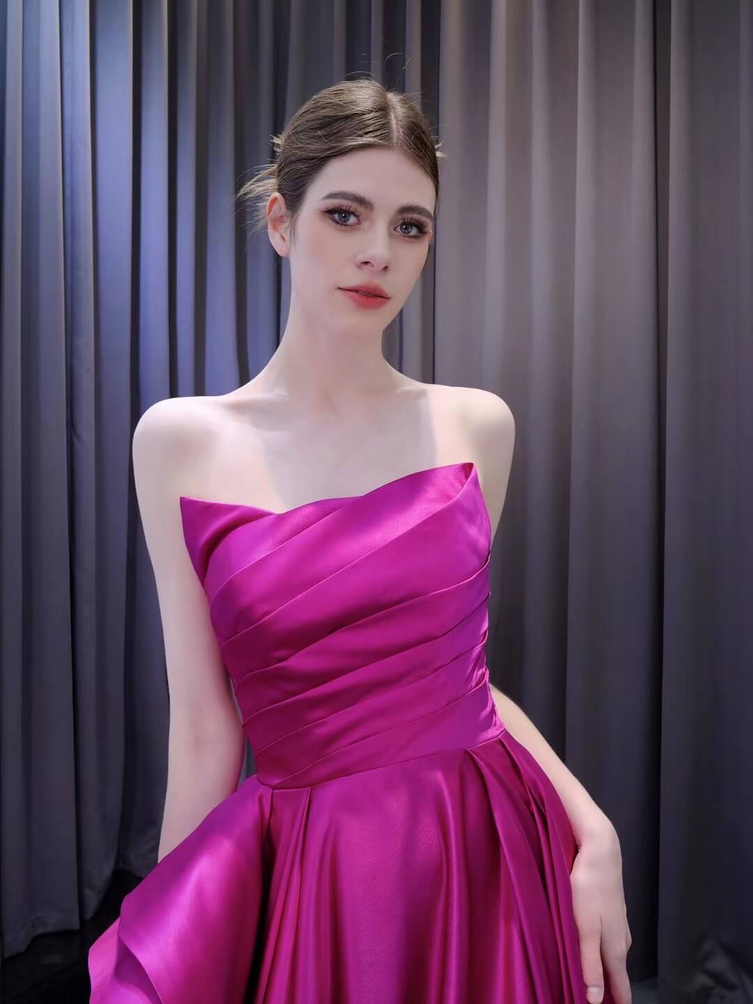 Strapless Magenta Satin Formal Dresses Ruffle Ball Gown Corset Back 231019 - Viniodressprom dressesMagentaCustom Size - Formal Dresses - Ball Gowns