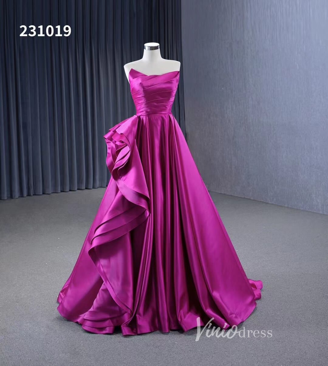 Strapless Magenta Satin Formal Dresses Ruffle Ball Gown Corset Back 231019 - Viniodressprom dressesMagentaCustom Size - Formal Dresses - Ball Gowns