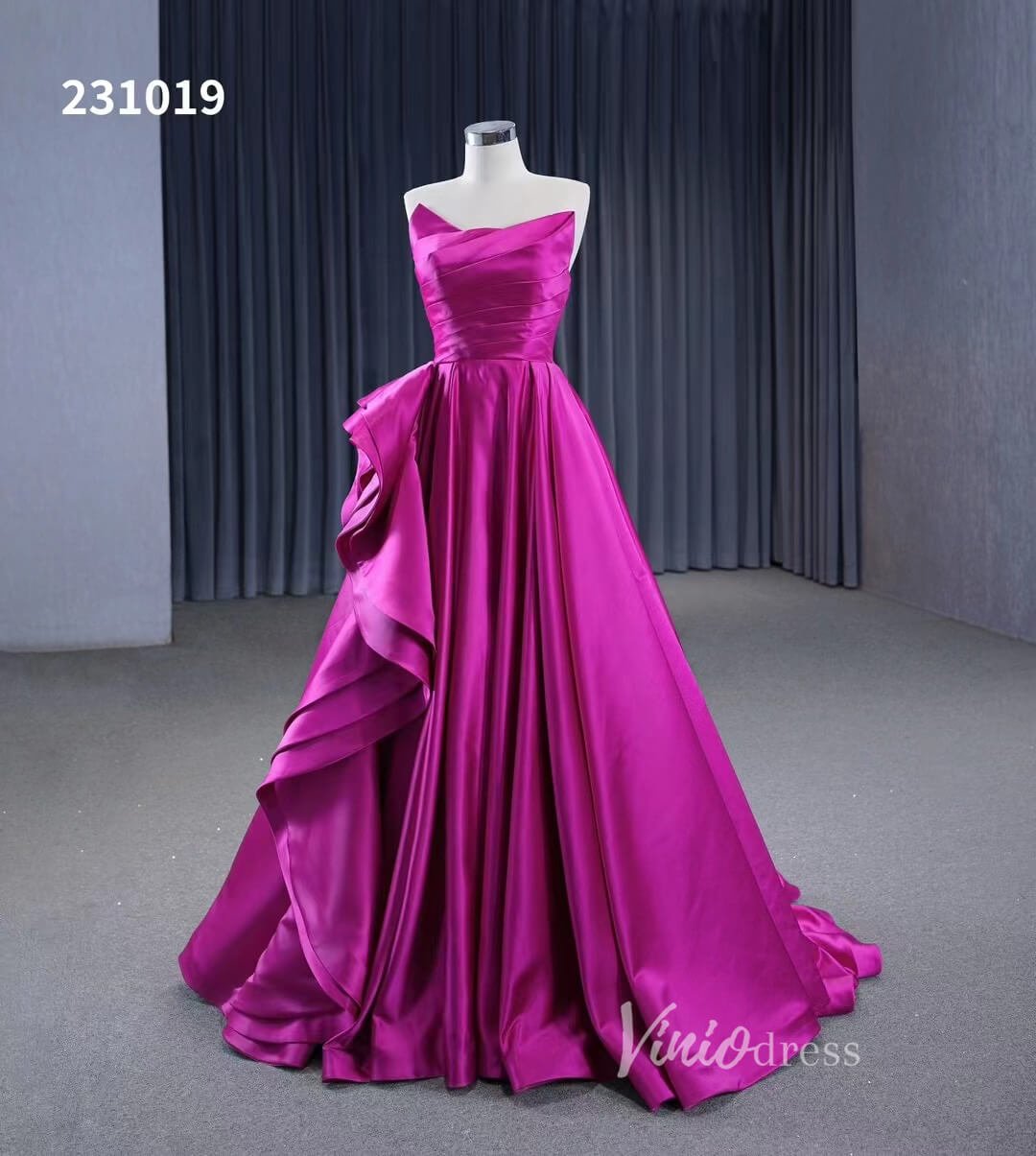 Strapless Magenta Satin Formal Dresses Ruffle Ball Gown Corset Back 231019 - Viniodressprom dressesMagentaCustom Size - Formal Dresses - Ball Gowns