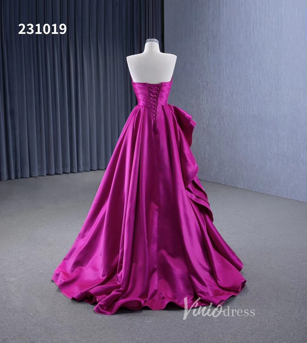 Strapless Magenta Satin Formal Dresses Ruffle Ball Gown Corset Back 231019 - Viniodressprom dressesMagentaCustom Size - Formal Dresses - Ball Gowns