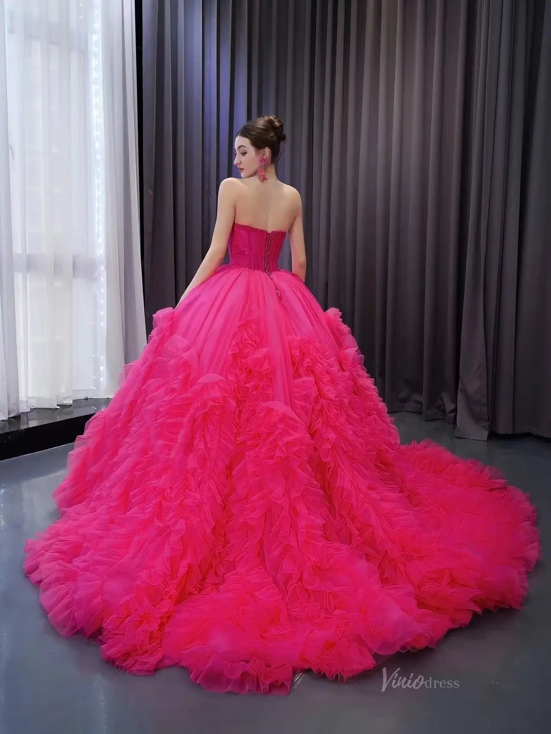 Strapless Magenta Wedding Dresses Ruffled Tulle Quinceanera Dress 231108-Quinceanera Dresses 2025 -Viniodress-Magenta-Custom Size-