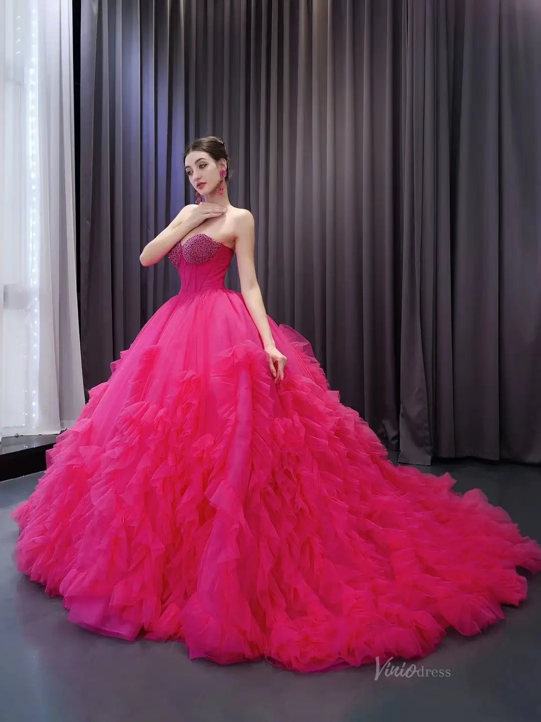 Strapless Magenta Wedding Dresses Ruffled Tulle Quinceanera Dress 231108-Quinceanera Dresses 2025 -Viniodress-Magenta-Custom Size-