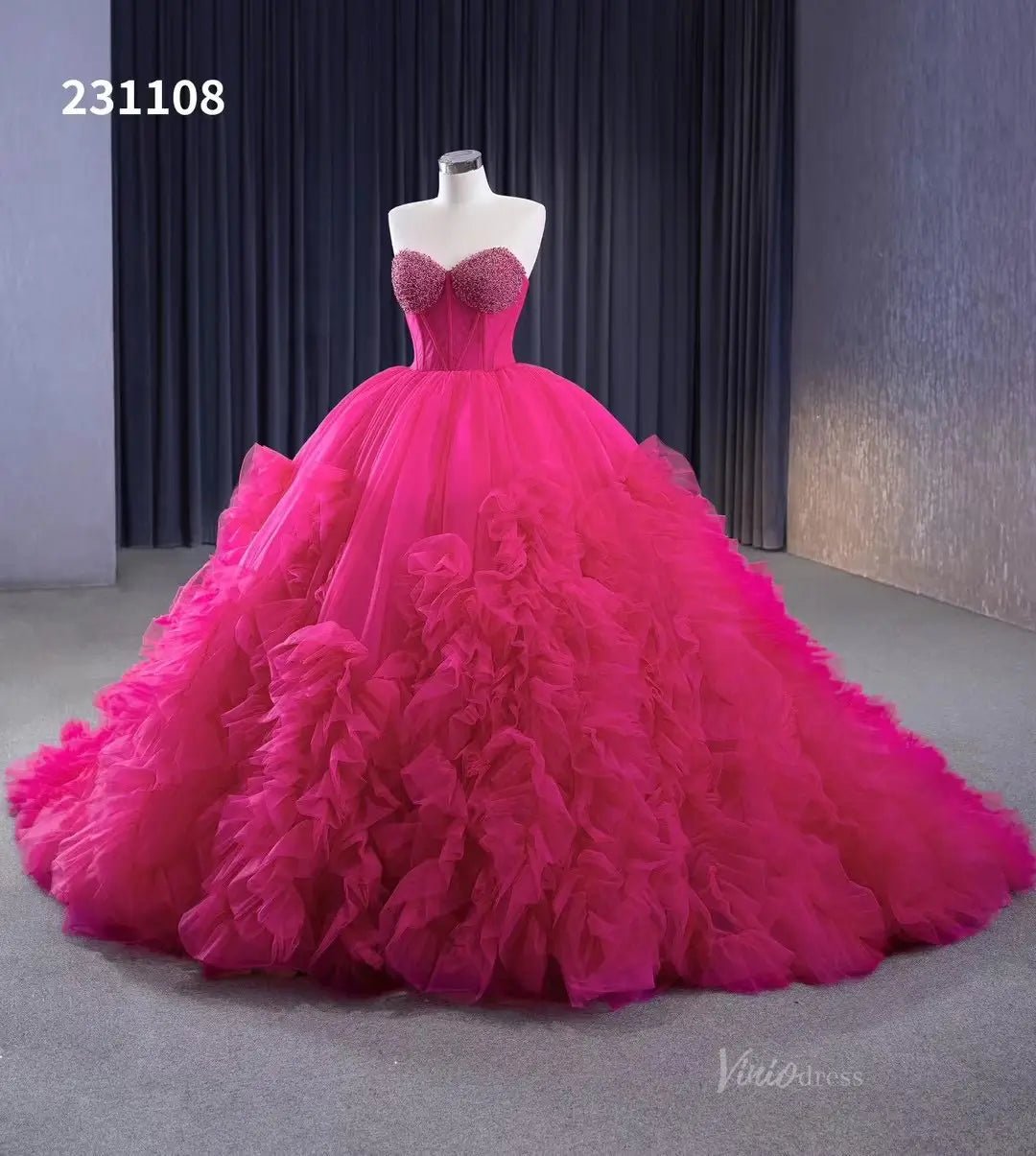 Strapless Magenta Wedding Dresses Ruffled Tulle Quinceanera Dress 231108-Quinceanera Dresses 2025 -Viniodress-Magenta-Custom Size-