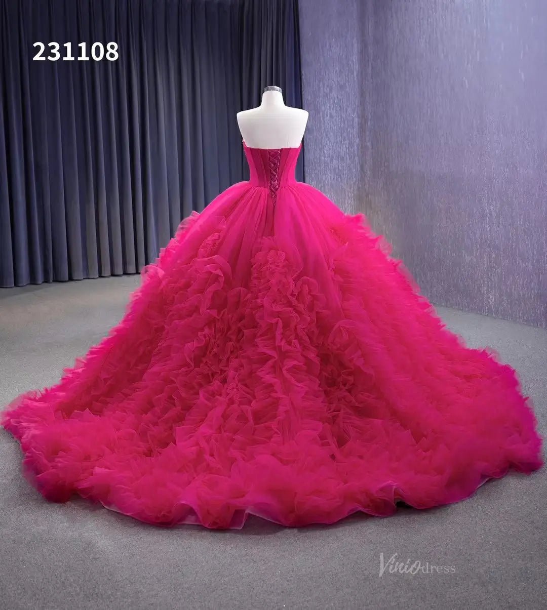 Strapless Magenta Wedding Dresses Ruffled Tulle Quinceanera Dress 231108-Quinceanera Dresses 2025 -Viniodress-Magenta-Custom Size-