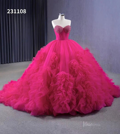 Strapless Magenta Wedding Dresses Ruffled Tulle Quinceanera Dress 231108-Quinceanera Dresses 2025 -Viniodress-Magenta-Custom Size-