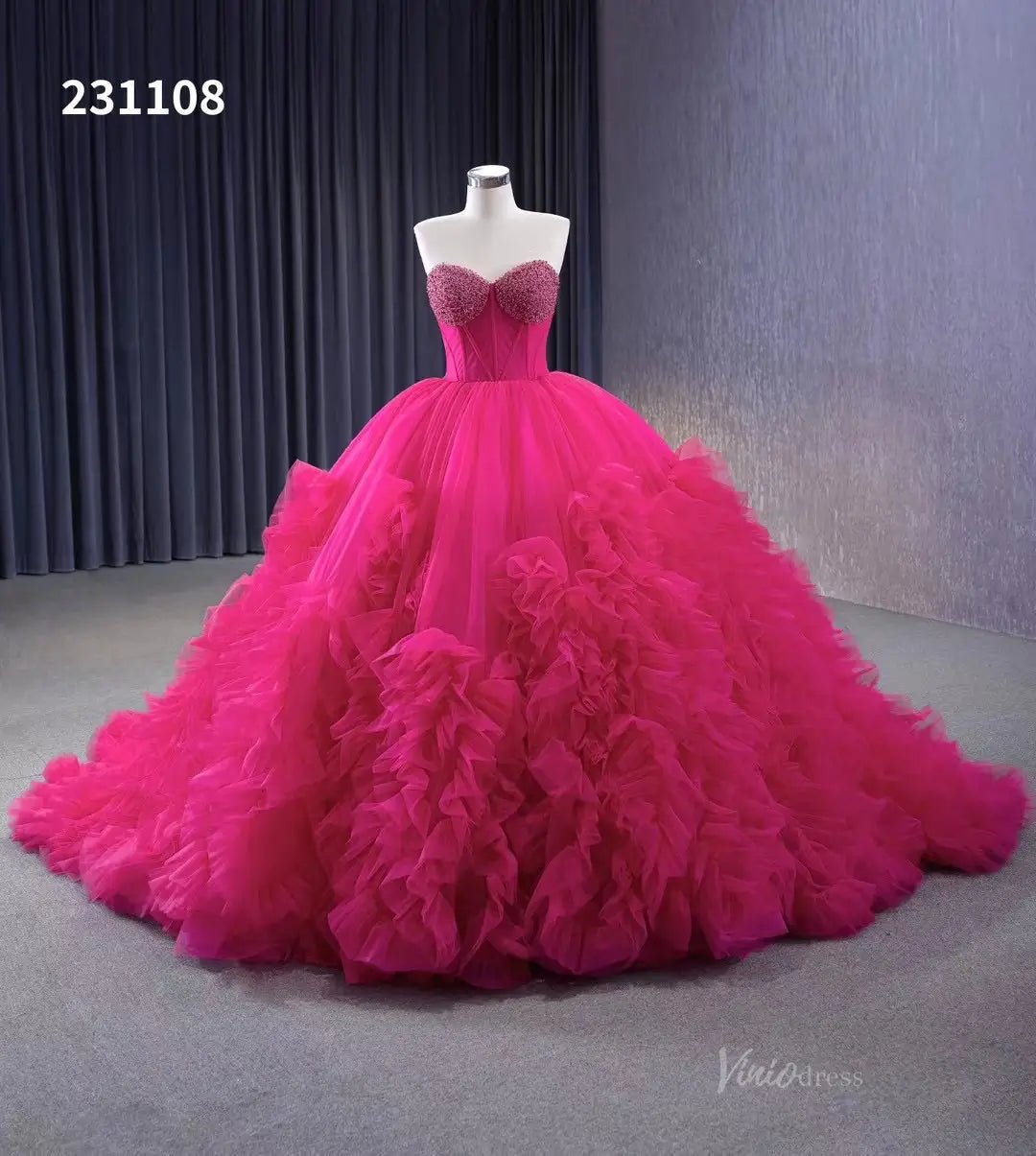 Strapless Magenta Wedding Dresses Ruffled Tulle Quinceanera Dress 231108-Quinceanera Dresses 2025 -Viniodress-Magenta-Custom Size-