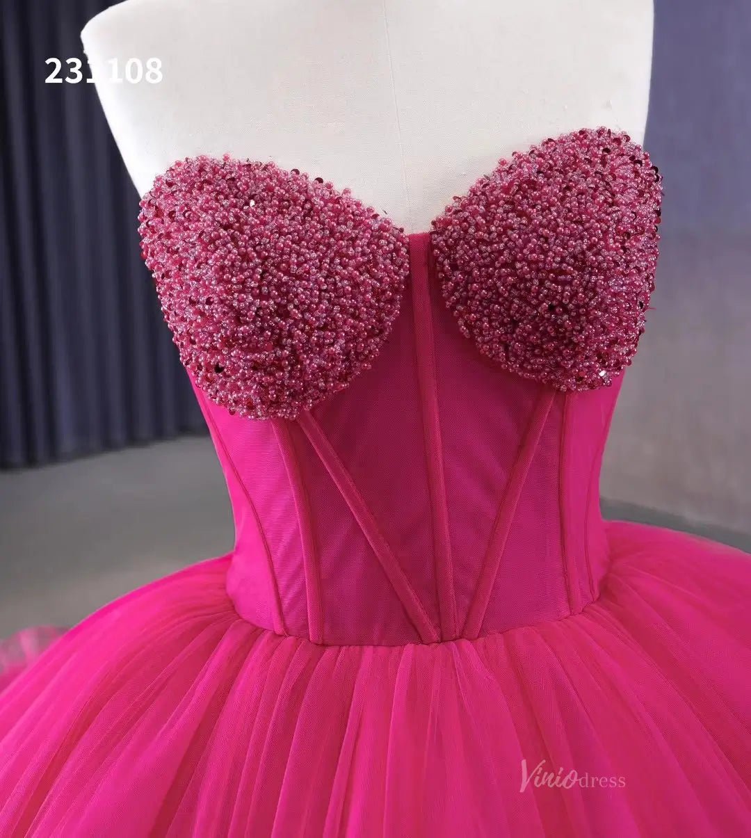 Strapless Magenta Wedding Dresses Ruffled Tulle Quinceanera Dress 231108-Quinceanera Dresses 2025 -Viniodress-Magenta-Custom Size-