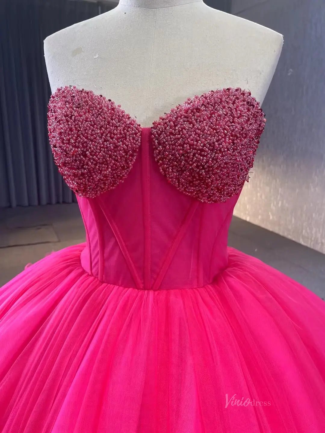 Strapless Magenta Wedding Dresses Ruffled Tulle Quinceanera Dress 231108-Quinceanera Dresses 2025 -Viniodress-Magenta-Custom Size-