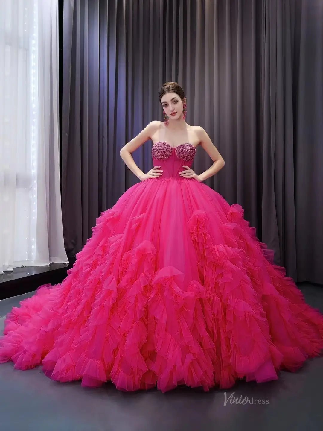 Strapless Magenta Wedding Dresses Ruffled Tulle Quinceanera Dress 231108-Quinceanera Dresses 2025 -Viniodress-Magenta-Custom Size-