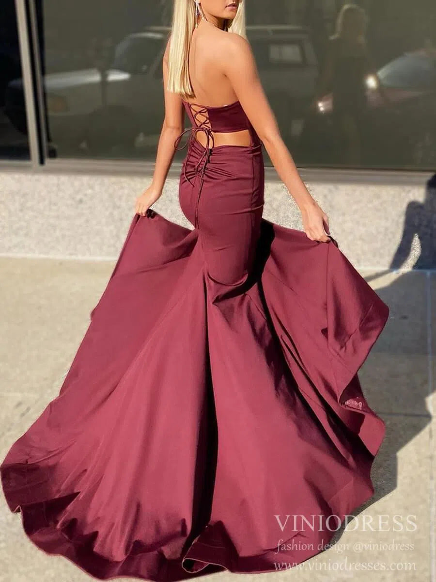 Prom Dress 2025 Strapless Maroon Mermaid Prom Dresses Lace-Up Formal Dress FD2074-unique prom dresses-Burgundy-Custom Size-Viniodress