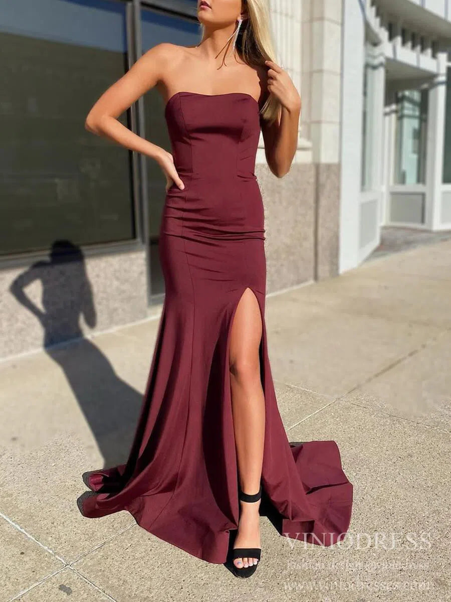 Prom Dress 2025 Strapless Maroon Mermaid Prom Dresses Lace-Up Formal Dress FD2074-unique prom dresses-Burgundy-Custom Size-Viniodress