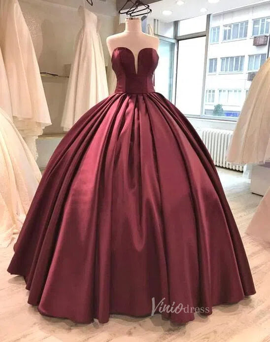 prom dresses 2025 Strapless Maroon Satin Ball Gown Prom Dresses FD1939-plus size wedding dresses Viniodress-Burgundy-Custom Size-