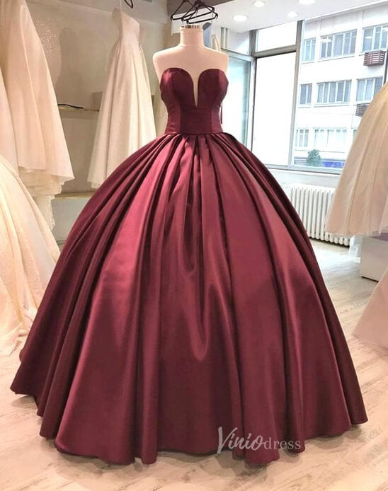 Strapless Maroon Satin Ball Gown Prom Dresses FD1939-prom dresses-Viniodress-Burgundy-Custom Size-Viniodress