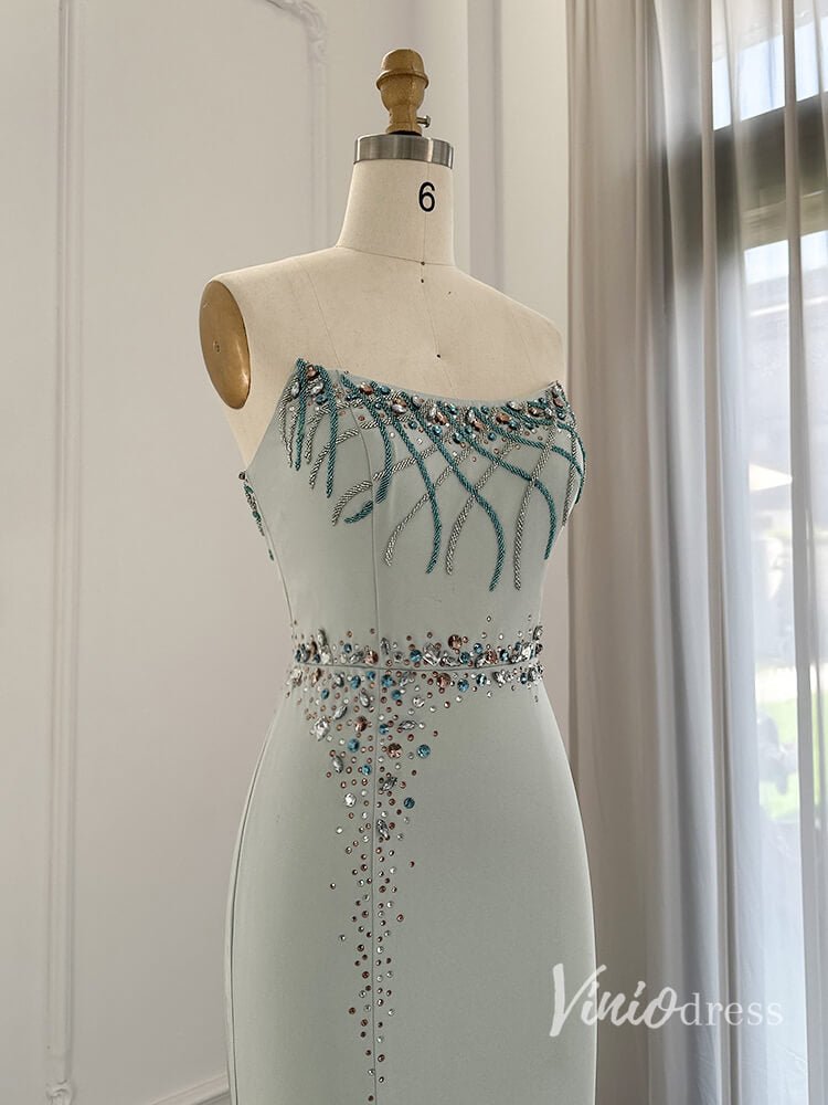 Strapless Mermaid Evening Dresses with Slit Beaded Mother of the Bride Dresses AD1145-Evening Dresses 2025 -Viniodress-Light Blue-US 2-
