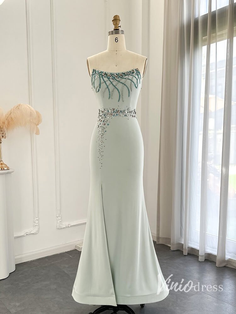 Strapless Mermaid Evening Dresses with Slit Beaded Mother of the Bride Dresses AD1145-Evening Dresses 2025 -Viniodress-Light Blue-US 2-