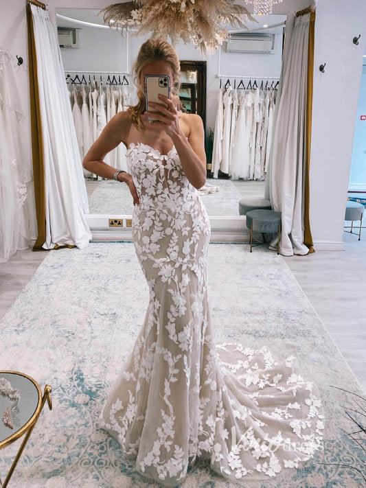 Strapless Mermaid Modern Wedding Dresses Leaf Lace Beach Wedding VW2125-wedding dresses 2025 -Viniodress-Nude-Custom Size-