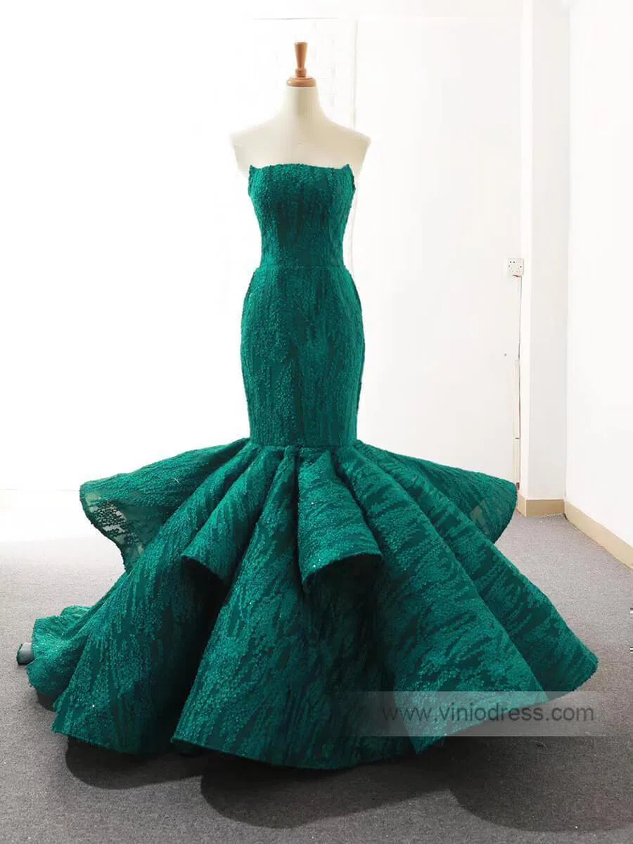 Strapless Mermaid Prom Dresses Trumpet Lace Pageant Dress FD1381-prom dresses-Viniodress-Emerald Green-US 2-Viniodress