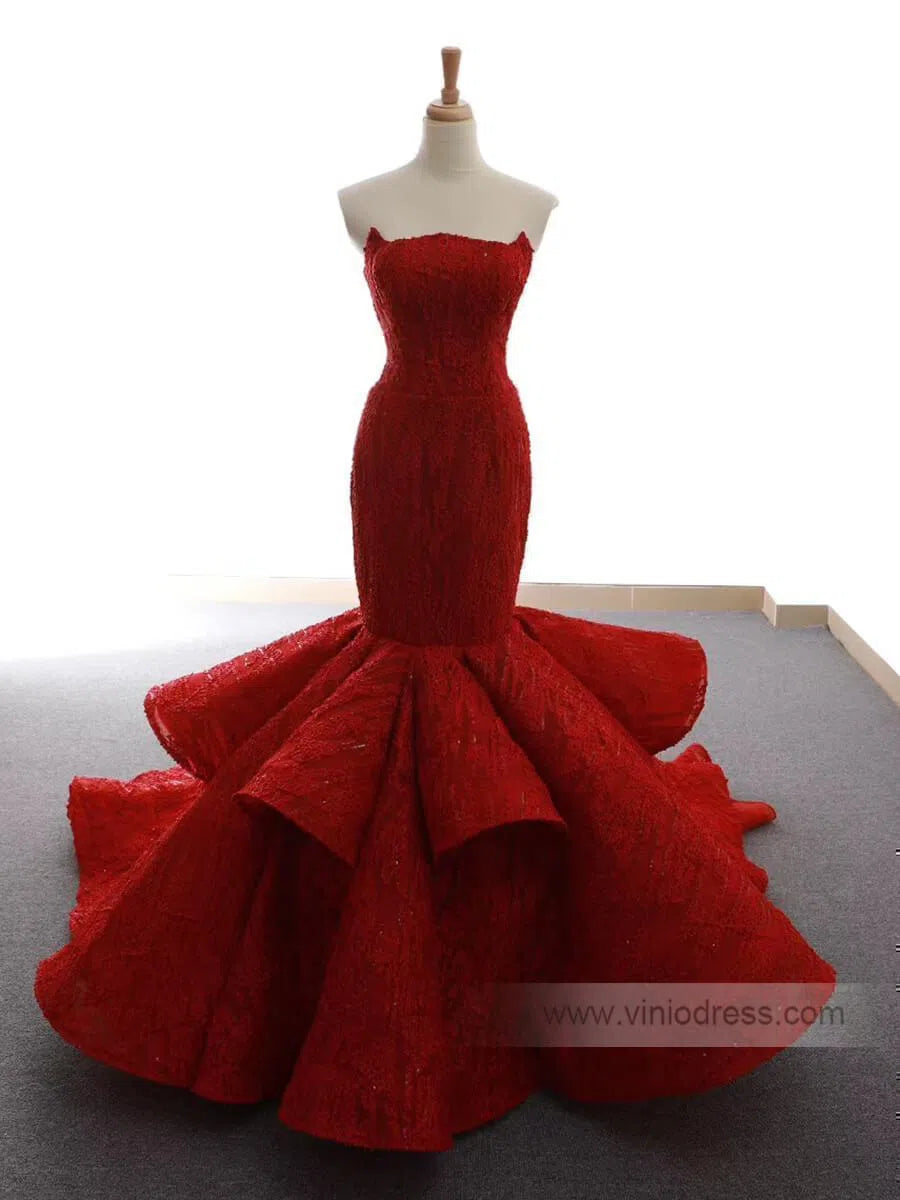 Prom Dress 2025 Strapless Mermaid Prom Dresses Trumpet Lace Pageant Dress FD1381-unique prom dresses-Red-US 2-Viniodress