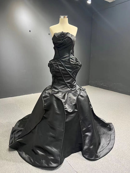 Strapless Mermaid Satin Wedding Dresses 67525-wedding dresses 2025 -Viniodress-Black-Custom Size-