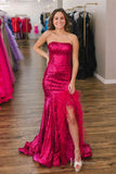 Strapless Mermaid Sequin Cheap Prom Dresses Feather Slit FD4097