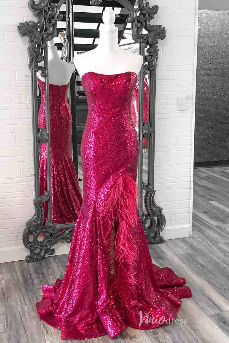 Prom Dress 2025 Strapless Mermaid Sequin Cheap Prom Dresses Feather Slit FD4097-unique prom dresses-Magenta-Custom Size-Viniodress