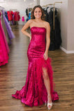 Prom Dress 2025 Strapless Mermaid Sequin Cheap Prom Dresses Feather Slit FD4097-unique prom dresses-Magenta-Custom Size-Viniodress