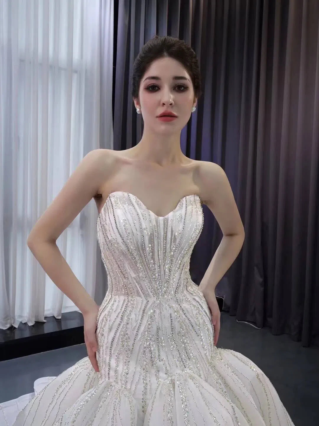 Strapless Mermaid Wedding Dresses Beaded Trumpet Bridal Gown Corset Back 241061-wedding dresses 2025 -Viniodress-Ivory-Custom Size-